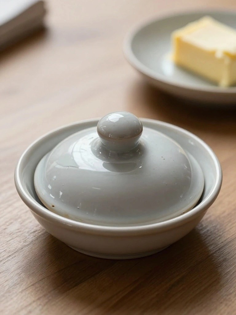 A small white ceramic dish with a matching lidded top sits on a wooden table next to a plate holding a pat of butter.
