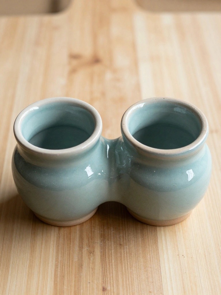 Light blue-green handmade ceramic piece with two small conjoined pot forms on a wooden surface.