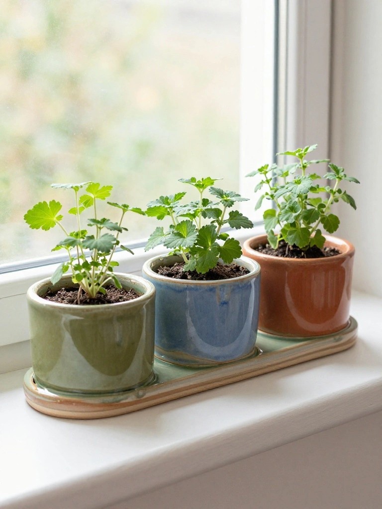 Three small round ceramic pots in green, blue, and orange glazes with herb plants sit on a rectangular tray on a windowsill.