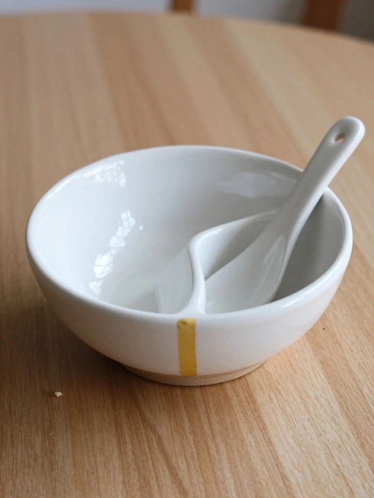 A small white ceramic bowl with a thin gold stripe on the side holds a white spoon and sits on a wooden table.