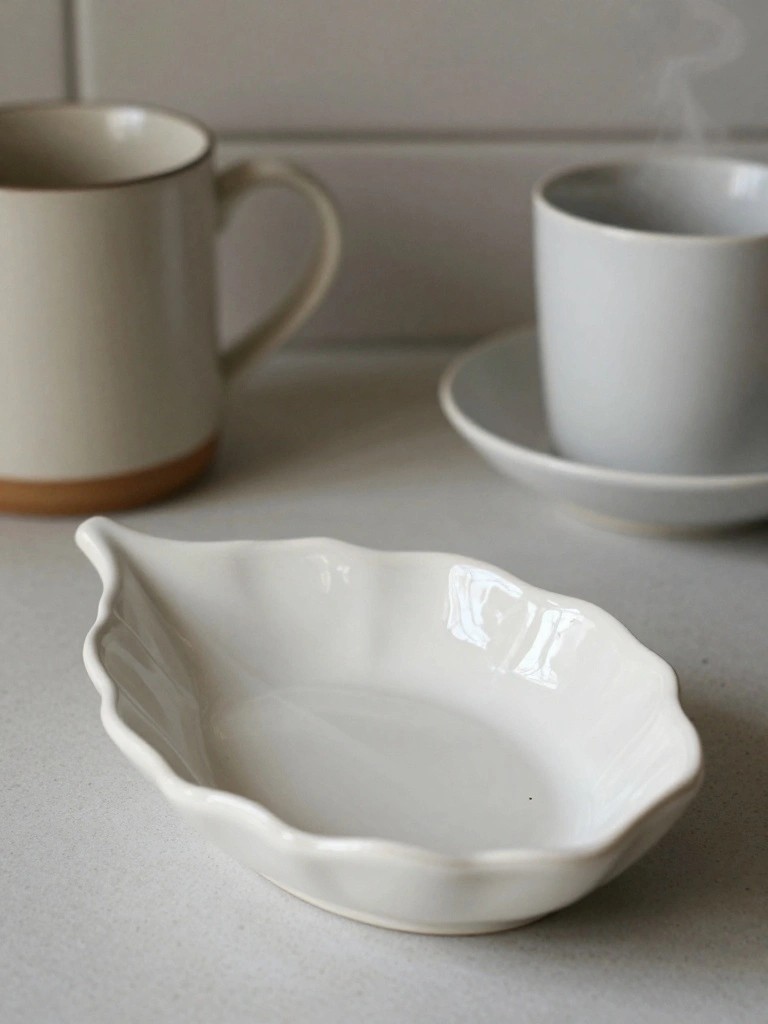 White leaf-shaped ceramic dish with scalloped edges and spout on a counter next to two mugs.
