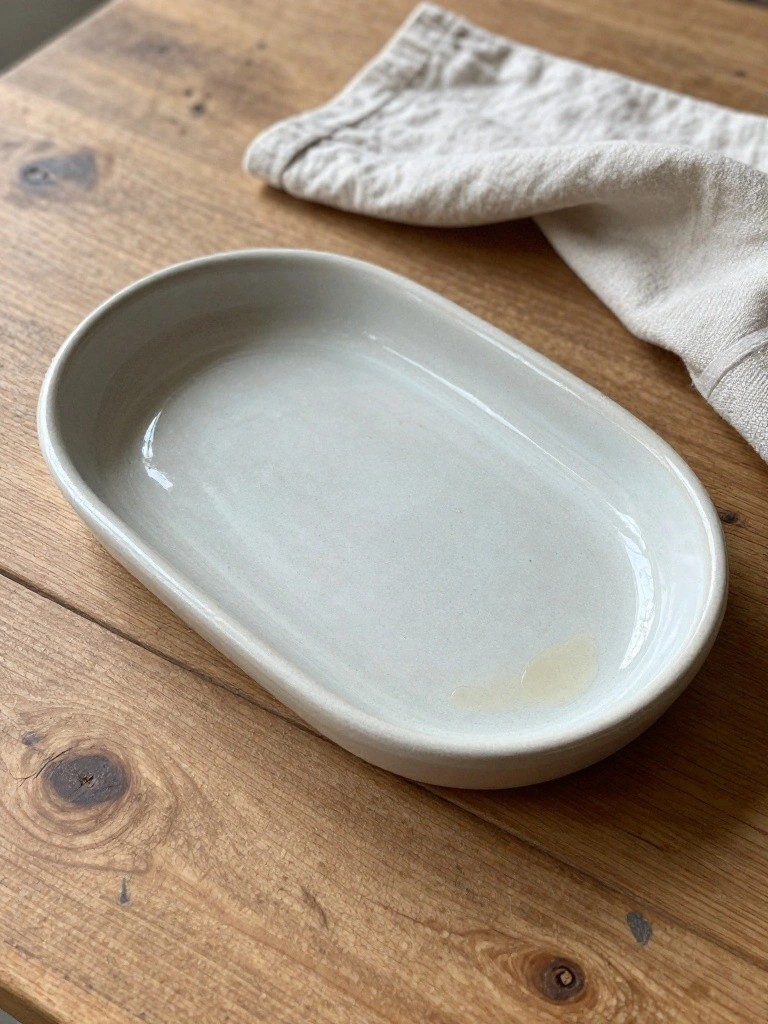 A shallow oval white ceramic dish sits on a wooden table next to a beige cloth napkin.