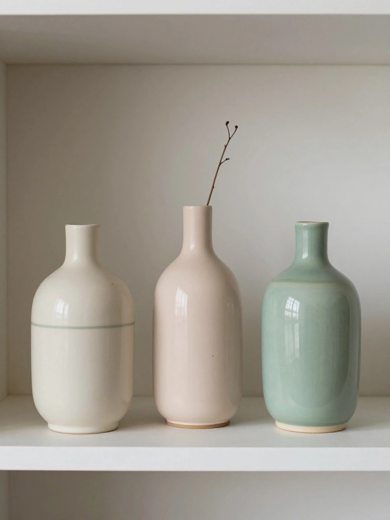Three handmade ceramic vases in white, pink, and green glazes on a white shelf, with a thin branch in the pink one.