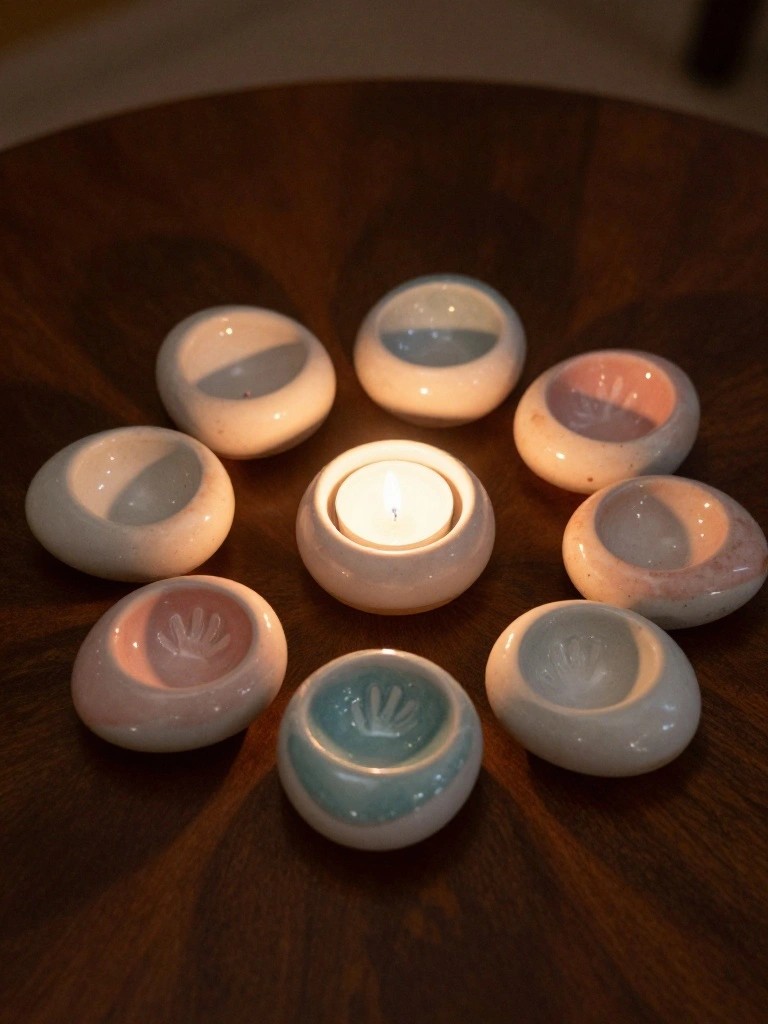 Eight small pastel-glazed egg-shaped ceramic dishes with thumb indents arranged in a circle around a central lit tealight holder on a wooden table.
