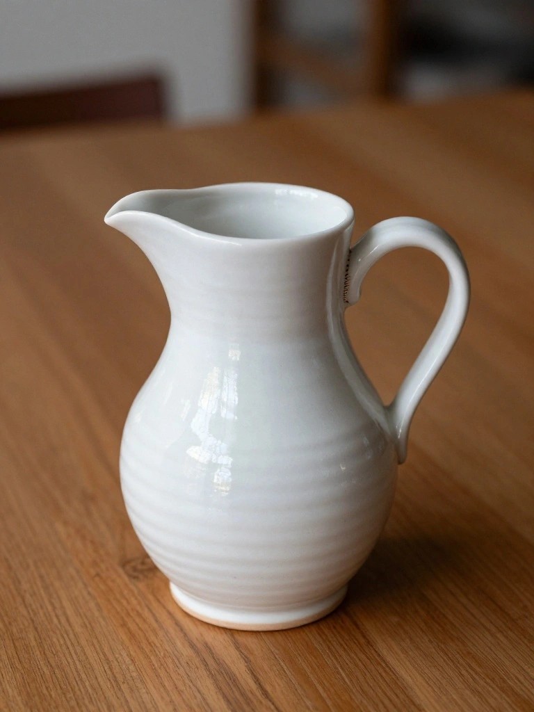 A white ribbed ceramic pitcher with spout and handle sits on a wooden table.