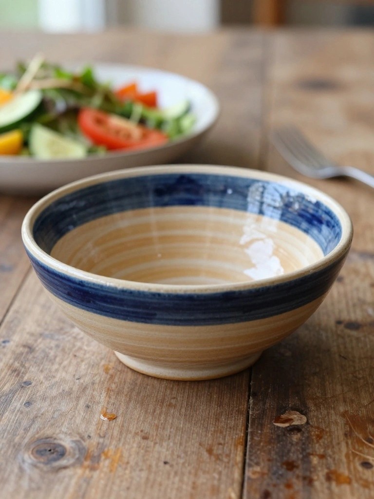 A handmade ceramic bowl with beige body and blue striped rims sits on a wooden table next to a salad bowl, fork, and window light.