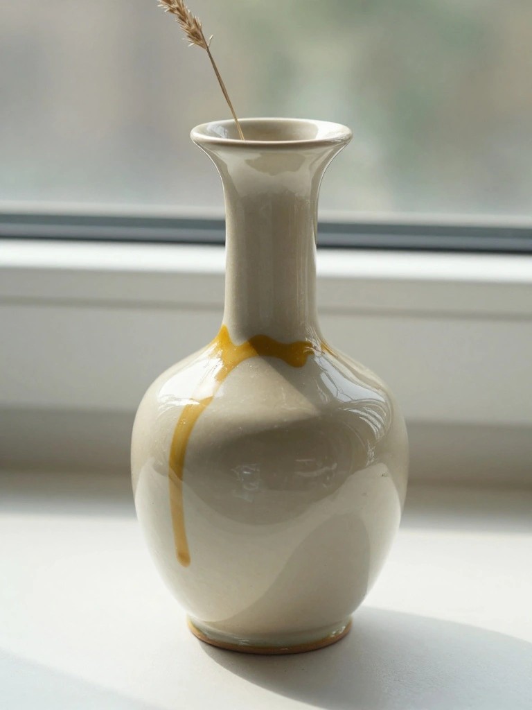 Cream ceramic vase with yellow glaze drips on the body holds a wheat stalk on a white surface near a window.