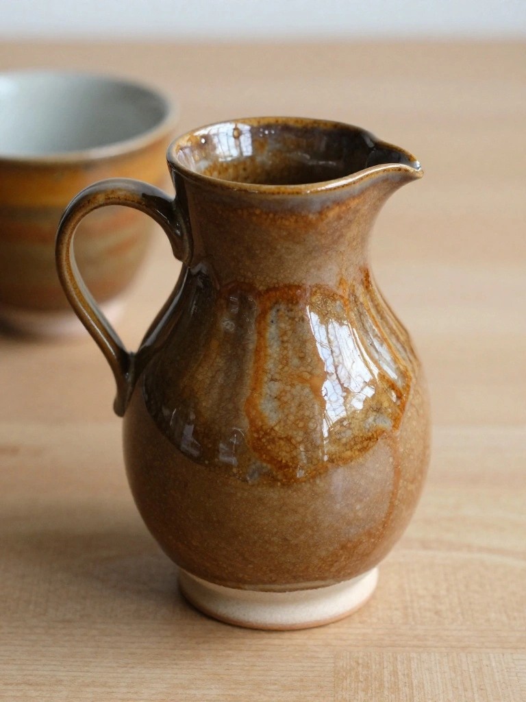 A small glossy brown ceramic jug with handle sits next to a larger multicolored glazed bowl on a wooden table.