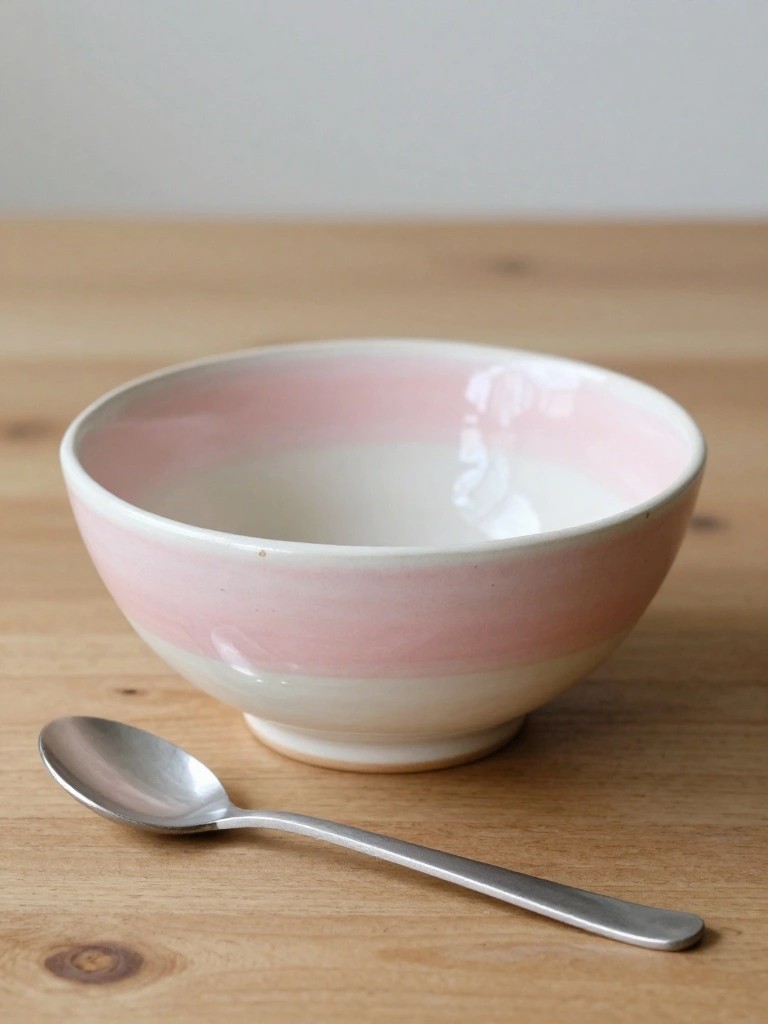 A small ceramic bowl with white interior and exterior base fading to pink at the rim sits on a wooden table next to a silver spoon.