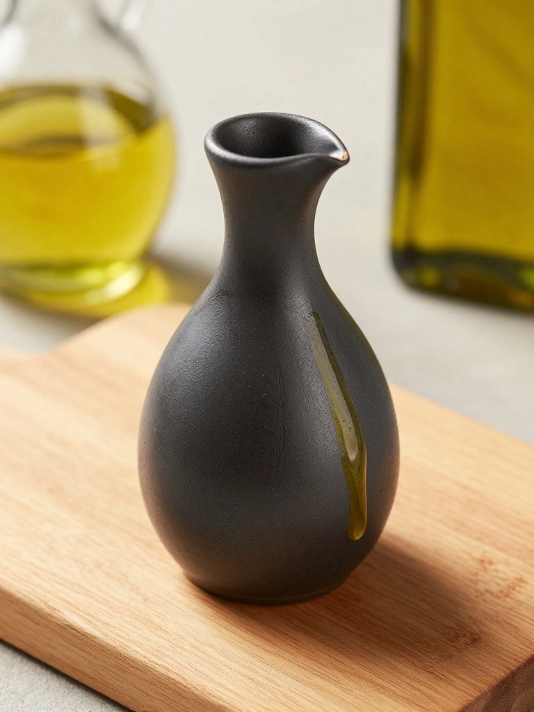 A small matte black ceramic cruet with a yellow glaze stripe on a wooden board next to glass olive oil bottles.