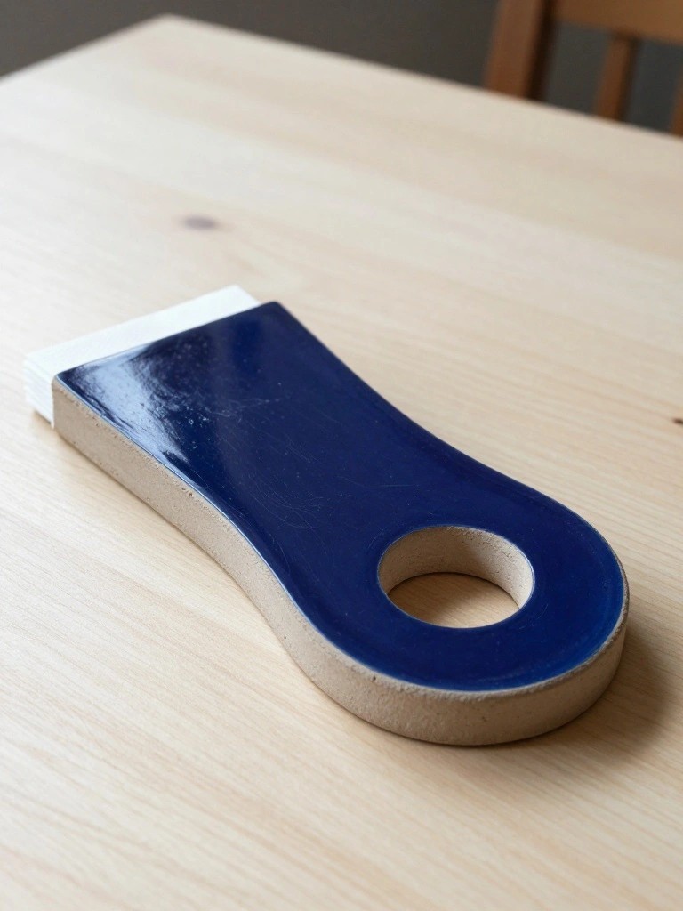 A handmade blue-glazed ceramic doorstop with white clay edges and a handle hole sits on a wooden table next to a chair.