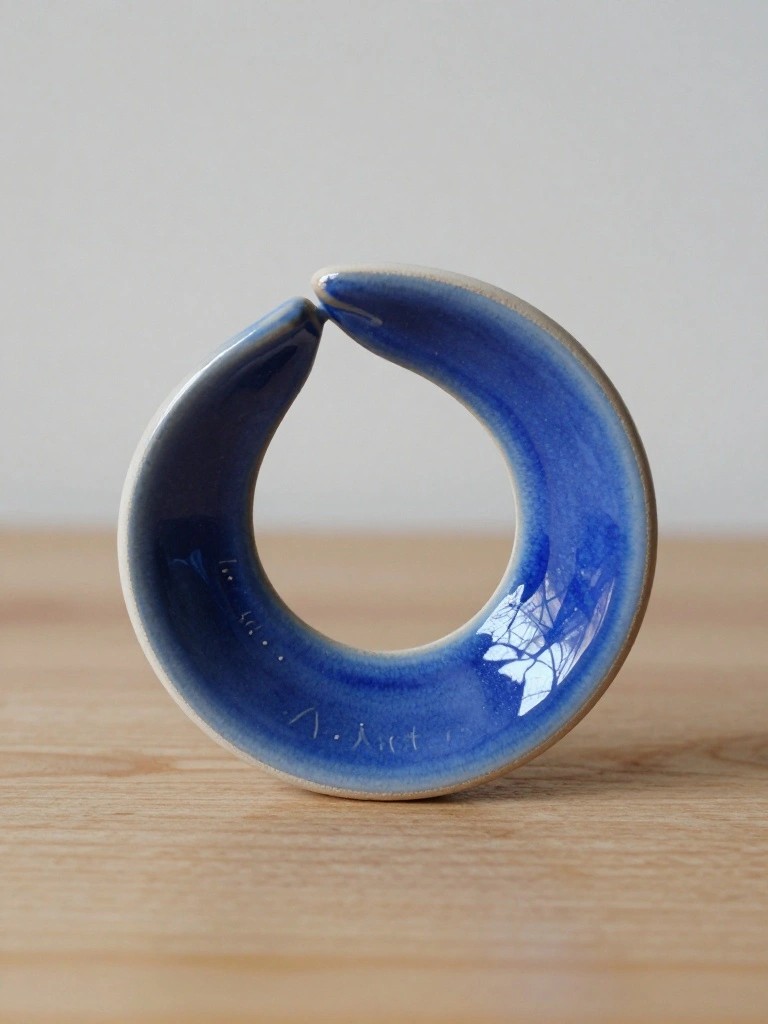 A small glossy blue ceramic loop-shaped dish on a wooden table.