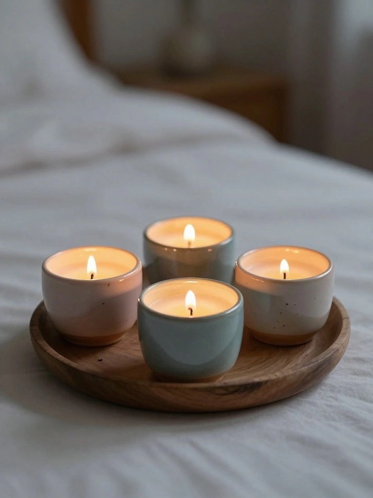 Four small handmade ceramic cups in pastel colors with textured surfaces hold lit tealight candles on a wooden tray.