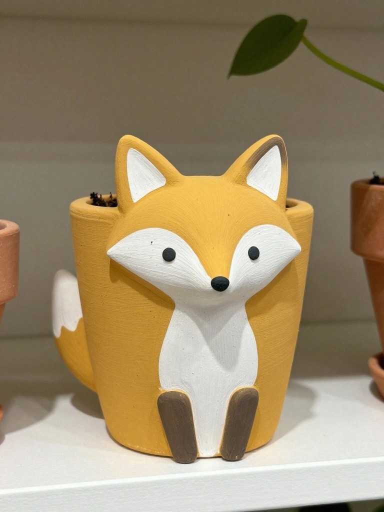Orange ceramic fox-shaped planter with white accents holding small plants on a white shelf next to terracotta pots.