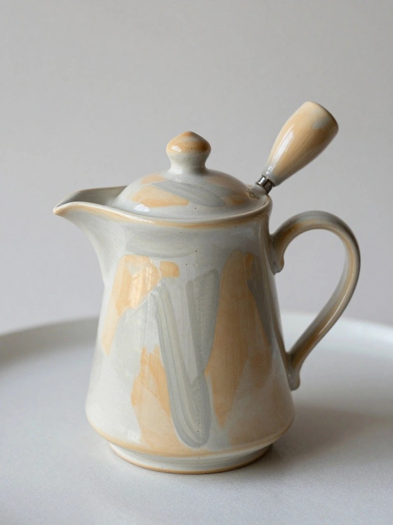 Handmade ceramic creamer with lid, wooden-handled stirrer, and abstract gray-beige glaze splashed with peach tones on a white plate.