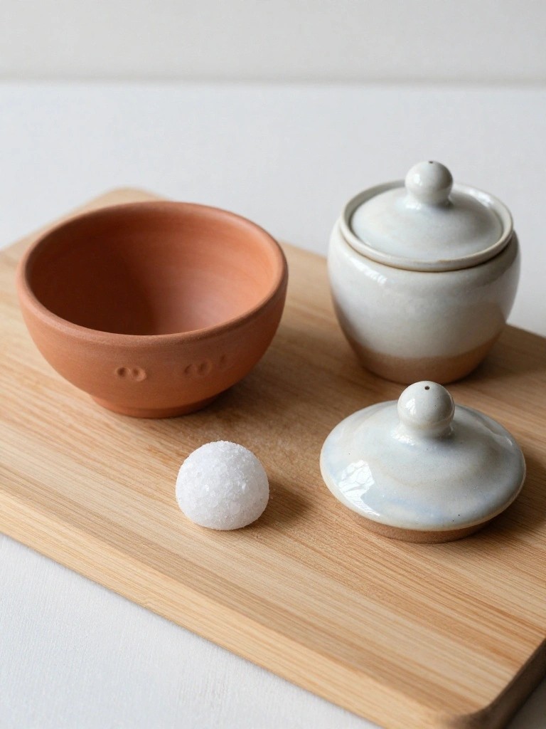 Terracotta bowl with dotted texture, white glazed lidded jar, small white salt ball, and white lidded shaker pot on a wooden board.
