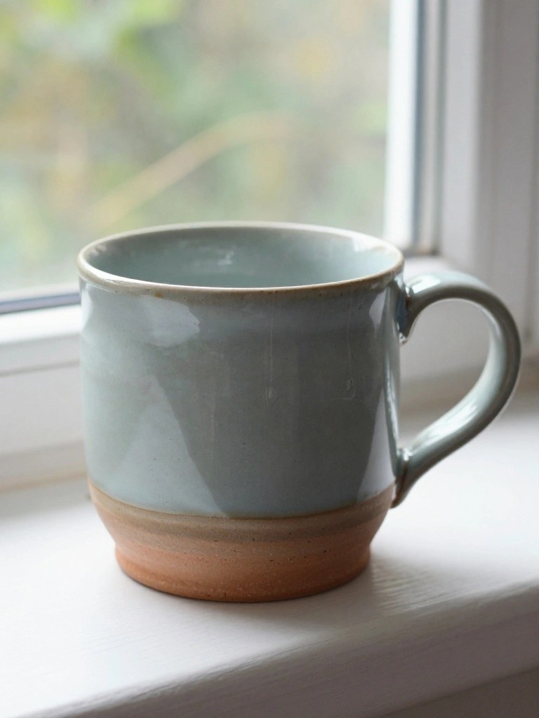 Handbuilt mug with light blue glaze on top and reddish clay base sits on a white windowsill.