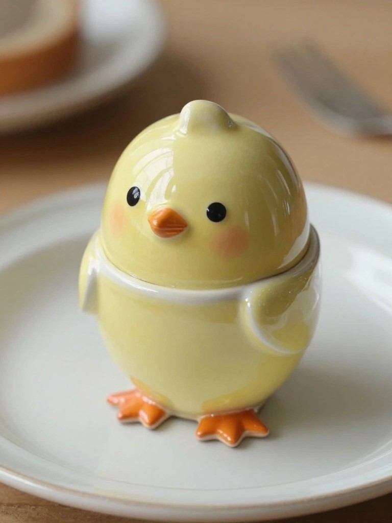 Small yellow ceramic chick with orange feet and beak on a white plate next to silverware.