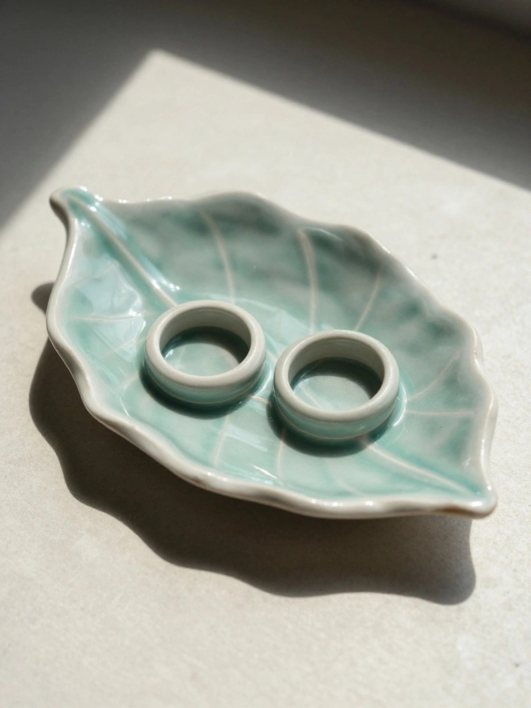 Green leaf-shaped ceramic dish holding two white rings on a white surface.