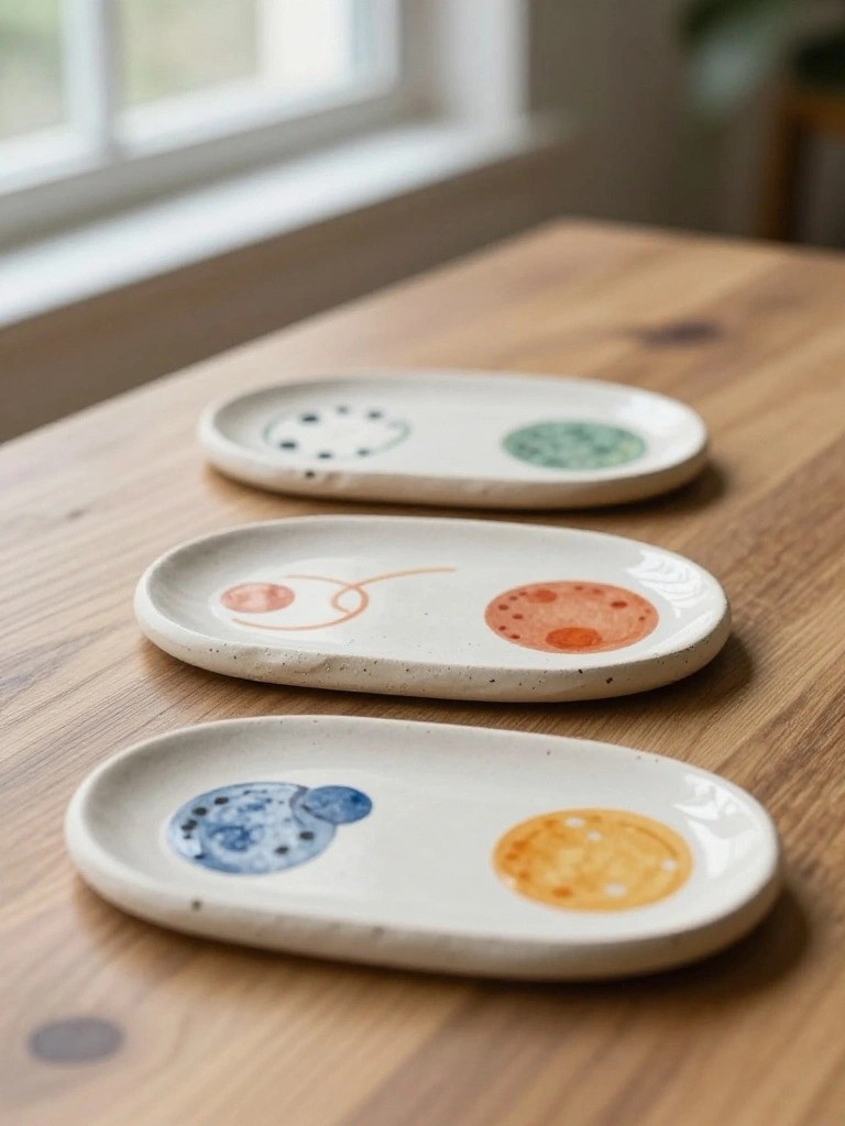 Three small white oval ceramic trays painted with colorful planet designs sit on a wooden table.