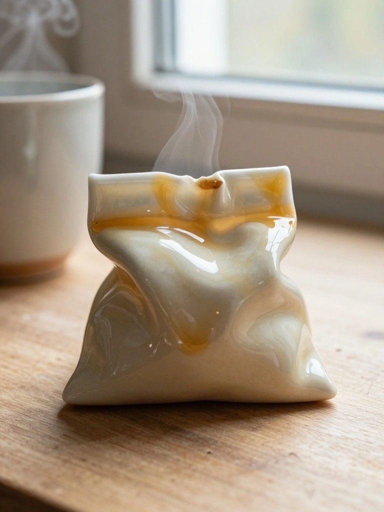 White ceramic pouch sculpture with amber glaze pooling at the open top around a protruding incense stick and rising smoke, next to a steaming mug on a wooden table.