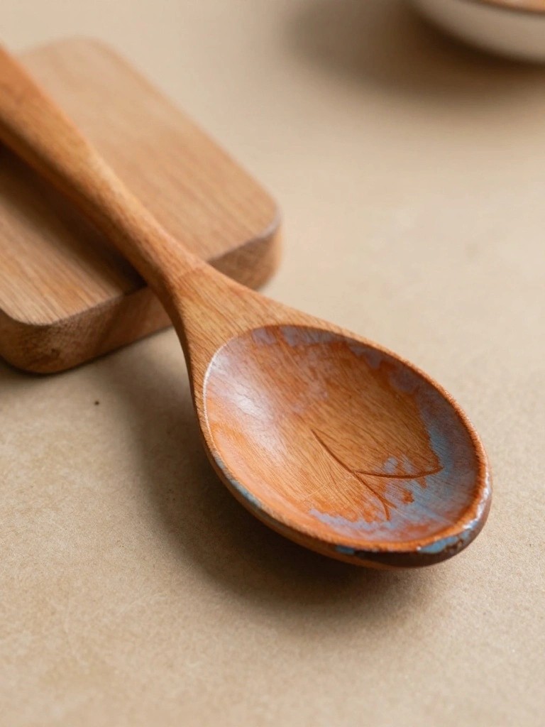 A light brown wooden spoon with visible grain and blue-tinted edges on the oval bowl rests upright on a small bamboo stand beside a white bowl on a beige surface.