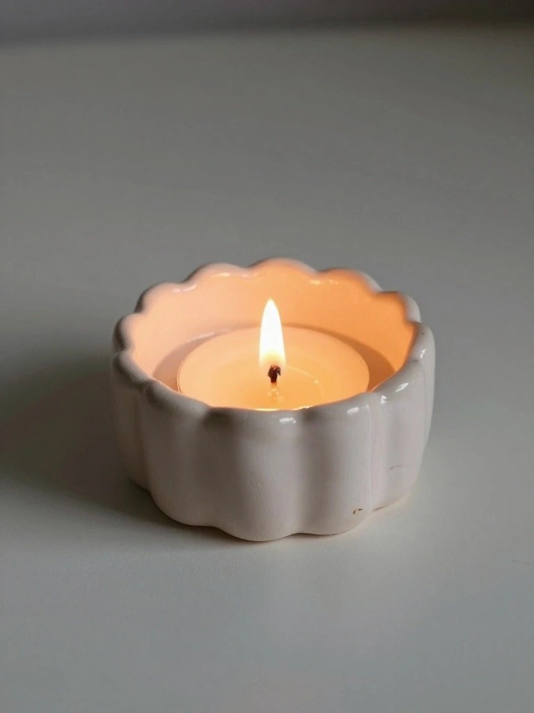 A small white ceramic dish with scalloped edges holds a lit tealight candle on a plain surface.