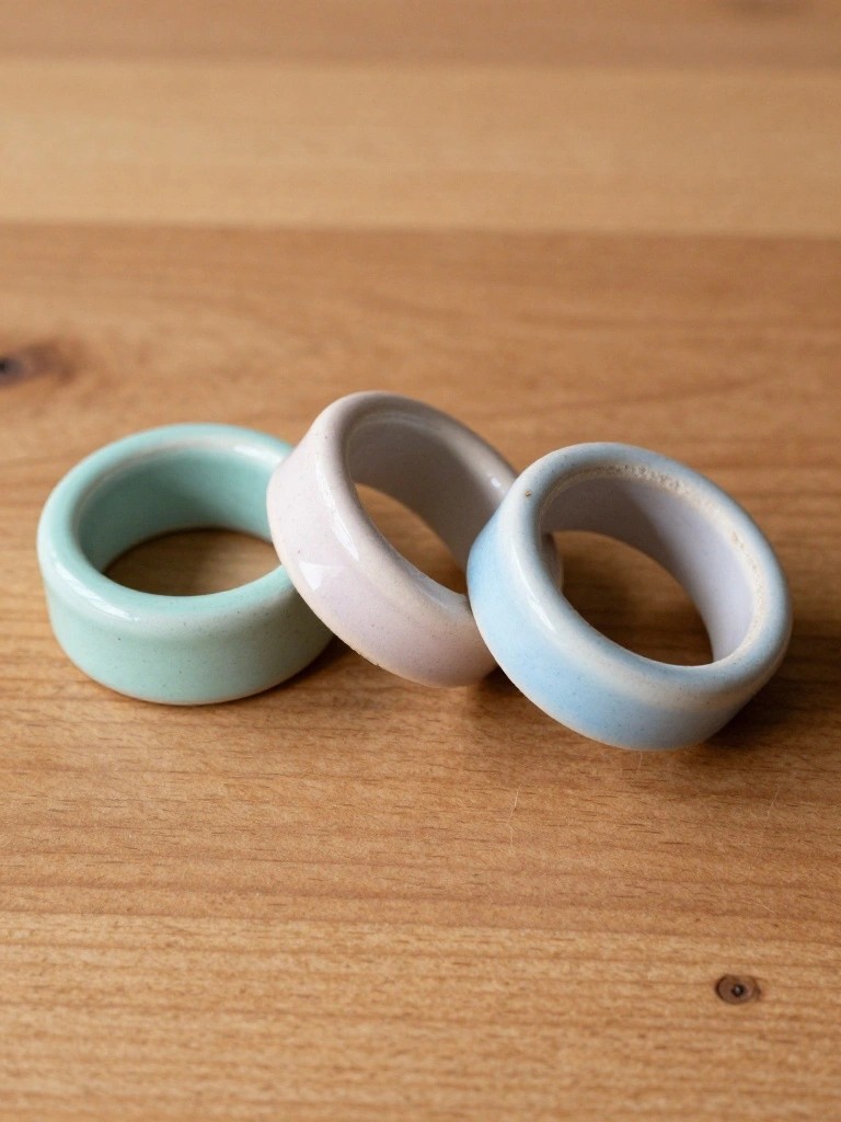 Three glazed ceramic rings in teal, pink, and blue stacked on a wooden table.