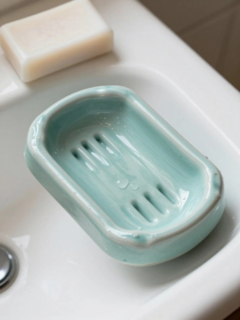 Light green ceramic soap dish with parallel raised ridges sits in a white sink next to a white bar of soap.