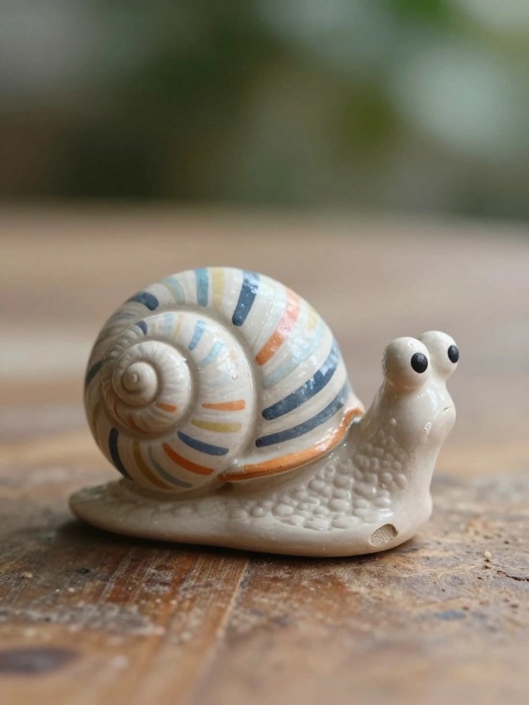 A handmade ceramic snail figurine with a spiral shell striped in blue, orange, white, and cream sits on a wooden surface.
