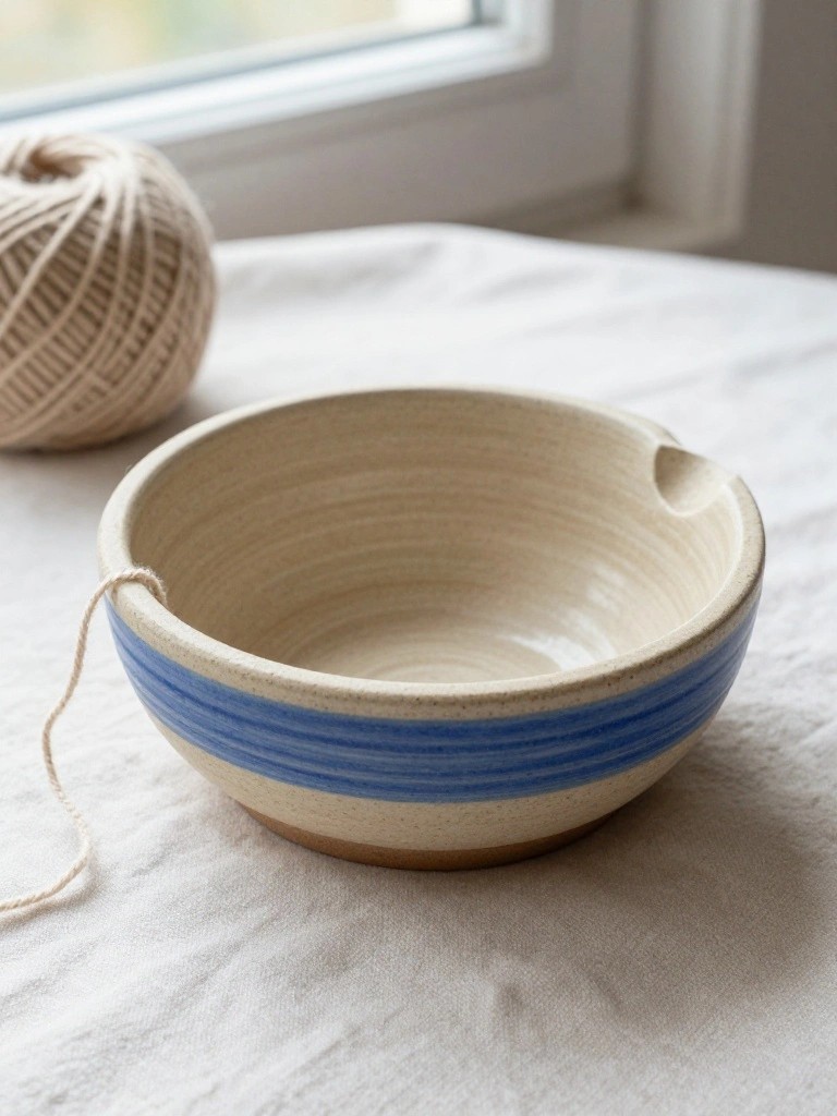 A small handmade ceramic bowl with blue stripes and a side notch holds a strand of yarn from a nearby ball on a white table.