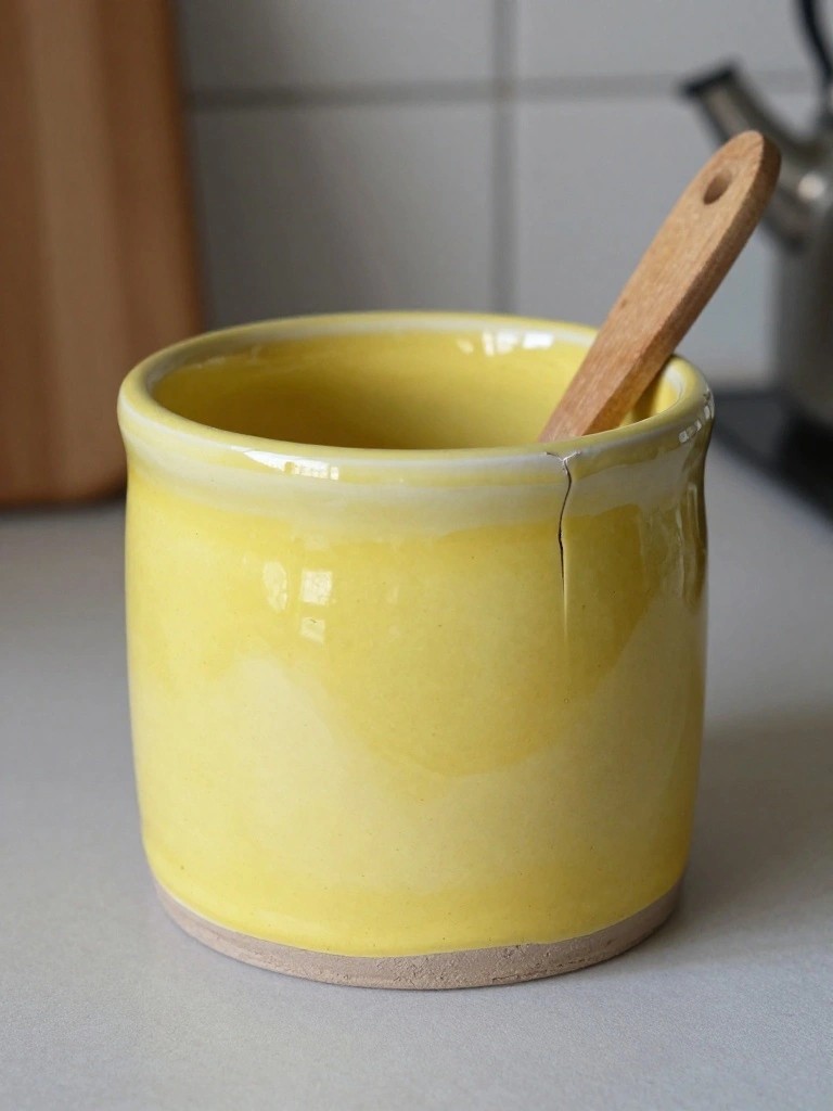 A small glossy yellow handmade ceramic jar with a wooden spoon inside, on a kitchen counter near a kettle and cutting board.