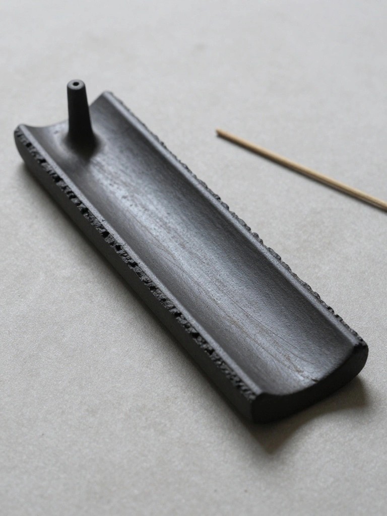 Black handmade ceramic incense holder shaped as a long curved trough with a hole at one end and textured edges, next to a thin incense stick on a white surface.