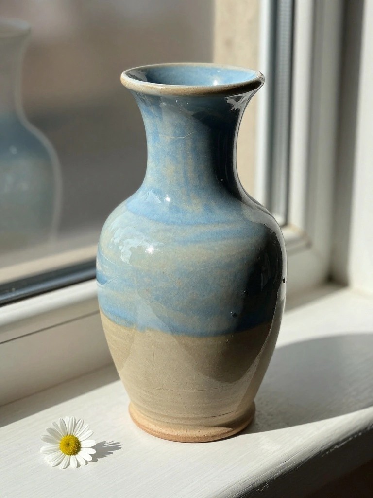 Handmade ceramic vase with beige base glazing to blue at the flared neck, on a windowsill next to a daisy.
