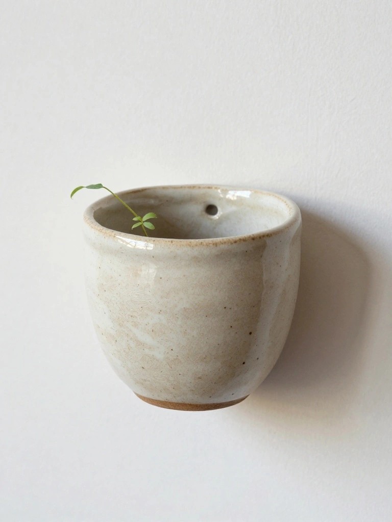 A small creamy white ceramic cup-shaped planter with a drainage hole and hanging notch mounted on a white wall, holding a tiny green sprout.