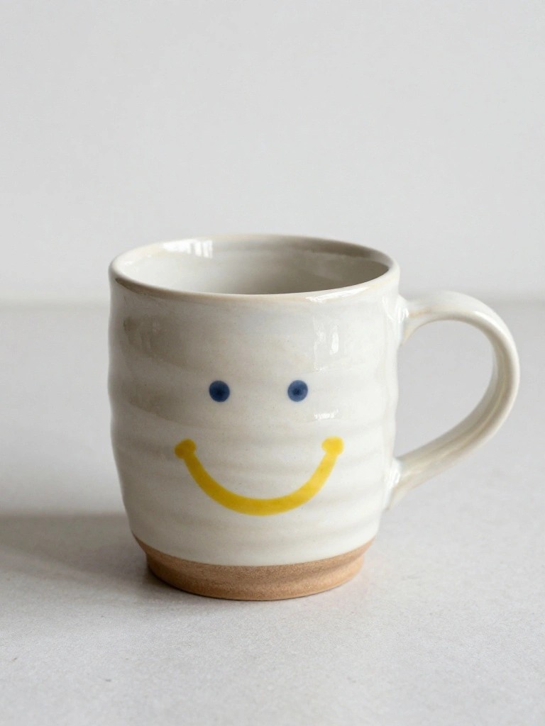 A handmade white ceramic mug with wavy texture, yellow smiley face, blue eyes, and brown foot sits on a white surface.