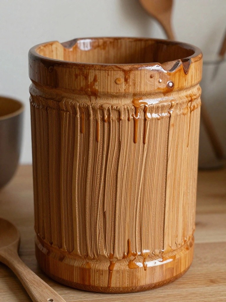 A cylindrical handmade ceramic bucket with vertical bamboo-slat texture, glossy honey-colored glaze drips, and a spout, set on a wooden surface near kitchen utensils.