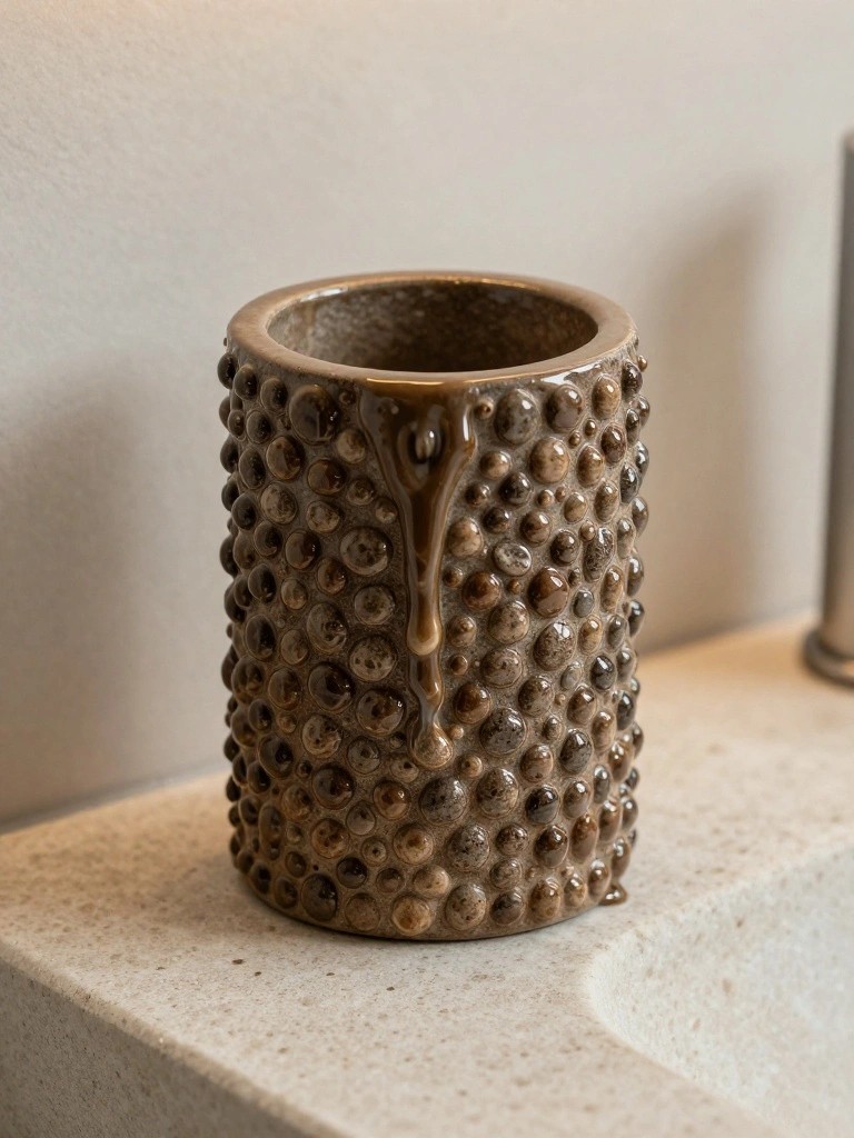 Brown ceramic cylindrical holder with all-over raised bubble texture and dripping glaze sits on a white bathroom counter near a faucet.