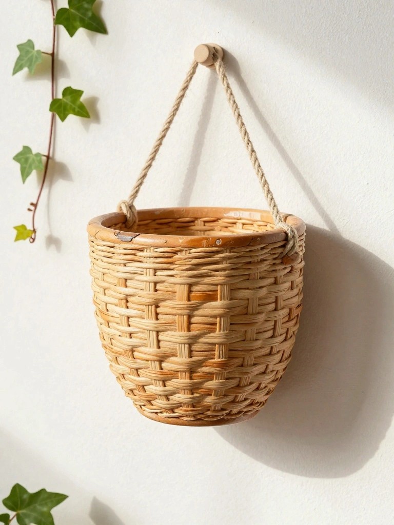 A light-colored woven basket planter with rope handles hangs from a wooden hook on a white wall surrounded by green ivy vines.