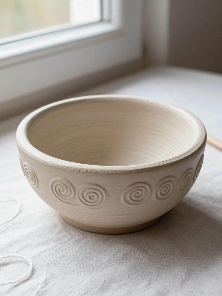 A handmade off-white clay bowl with carved spiral patterns around the outside sits on a table next to a pottery tool.