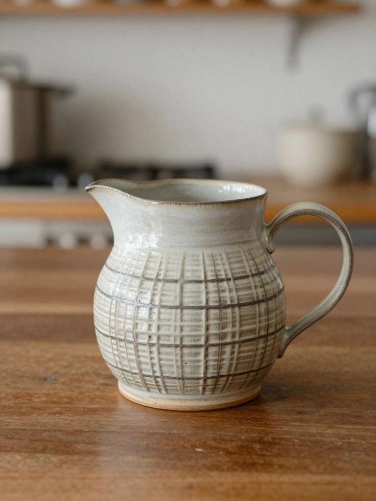 A cream-colored handmade ceramic pitcher with carved checkered grid texture sits on a wooden table in a kitchen.