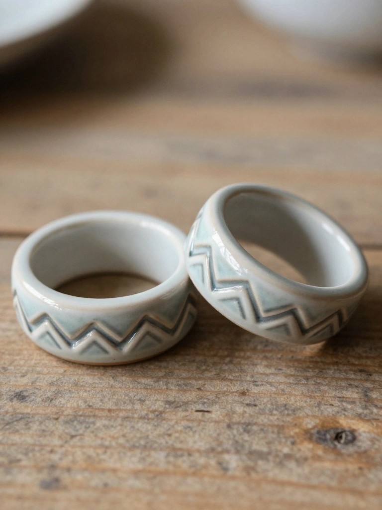 Two white ceramic rings with light blue zigzag patterns sit stacked on a wooden surface next to plain white bowls.