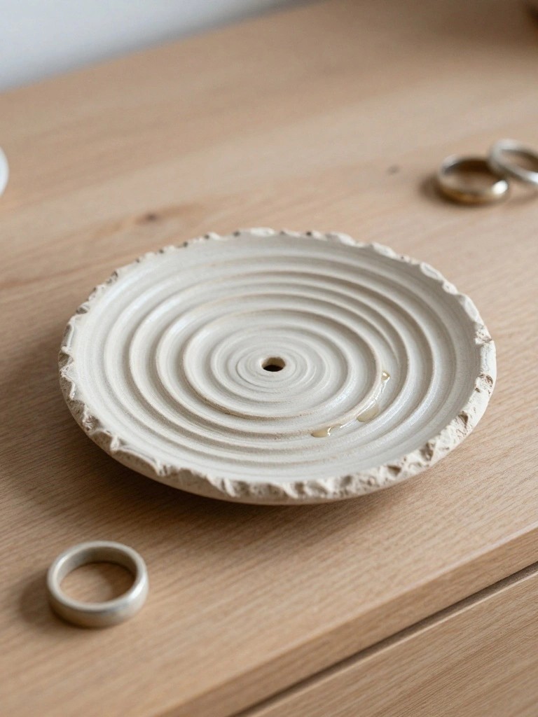 White handmade ceramic ring dish with concentric spiral ridges on a wooden dresser next to gold rings.