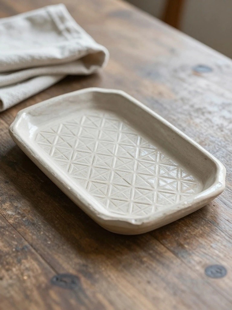 Pale rectangular ceramic tray with diamond-patterned carved texture on a wooden table.