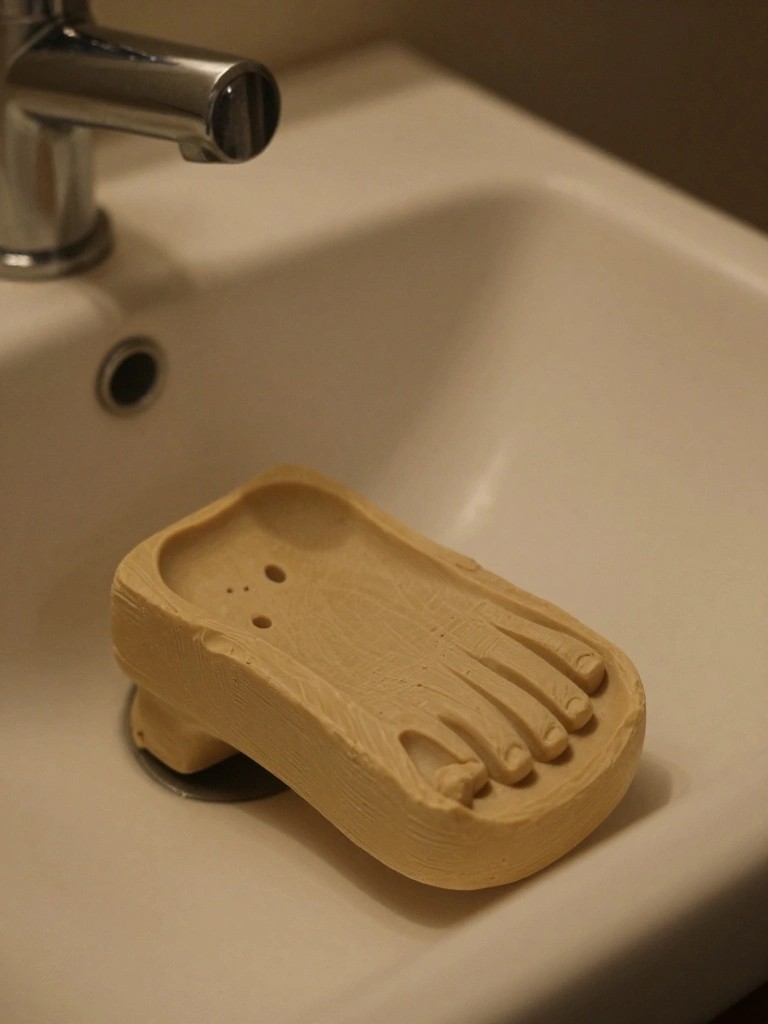 A yellowish sculpted clay foot-shaped soap dish sits in a white bathroom sink next to a chrome faucet.