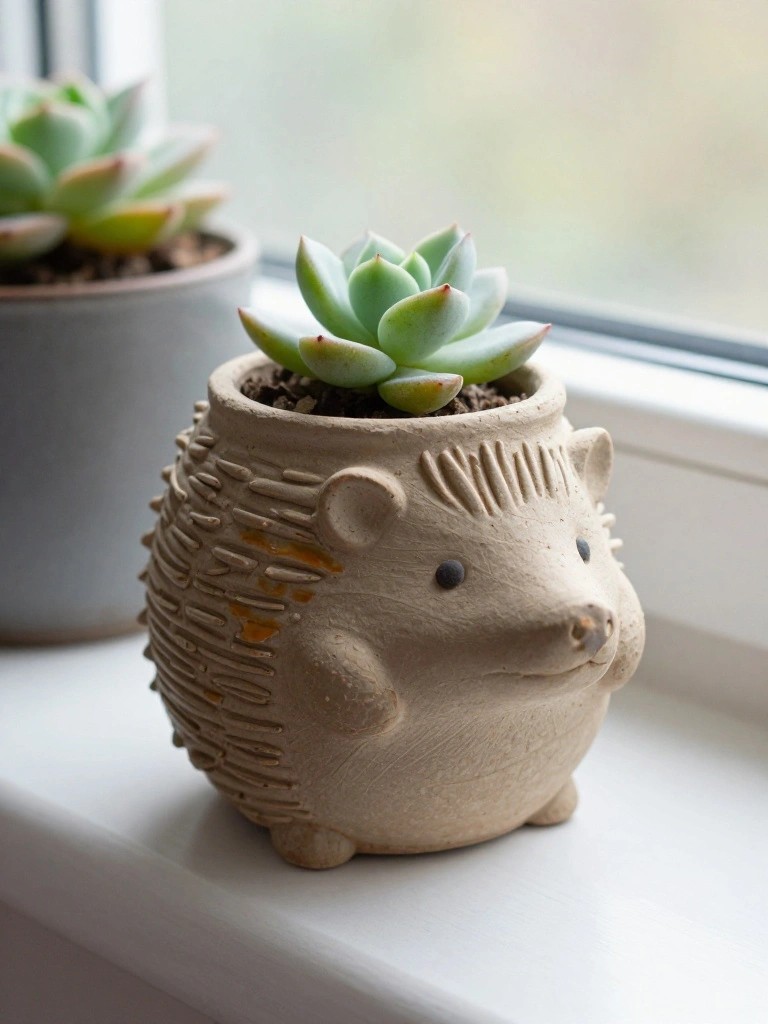 A small ceramic hedgehog-shaped planter with textured spikes holds a succulent on a windowsill next to a plain gray pot.