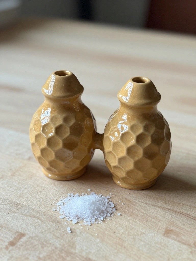 Two glossy mustard-yellow ceramic salt and pepper shakers with faceted honeycomb texture and connected bases sit on a wood table next to salt grains.