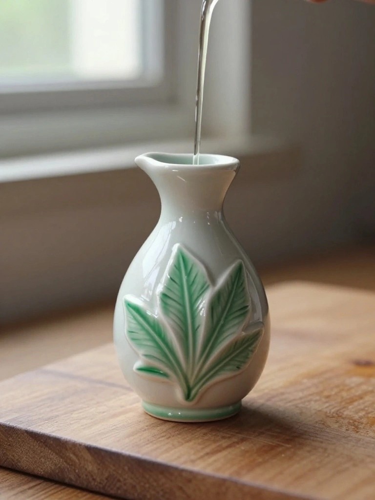 Small white pottery flask with green carved maple leaves sits on wood while clear liquid pours from above into its spout.
