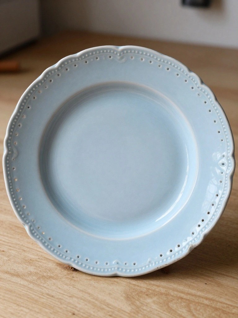 Light blue ceramic plate with scalloped edges pierced by small holes along the rim on a wooden surface.