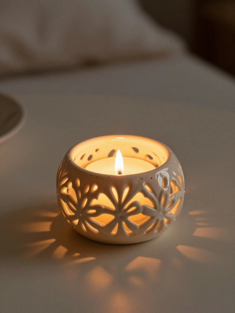 Small white spherical ceramic candle holder with snowflake-shaped piercings around its surface, holding a lit candle on a wooden table.